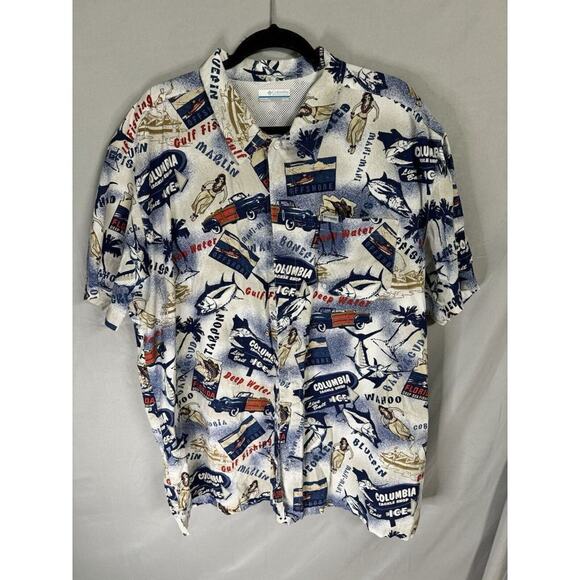Columbia PFG Mens Blue Short Sleeve Button Up Tackle Shop Hula AOP Size XL - Picture 2 of 6